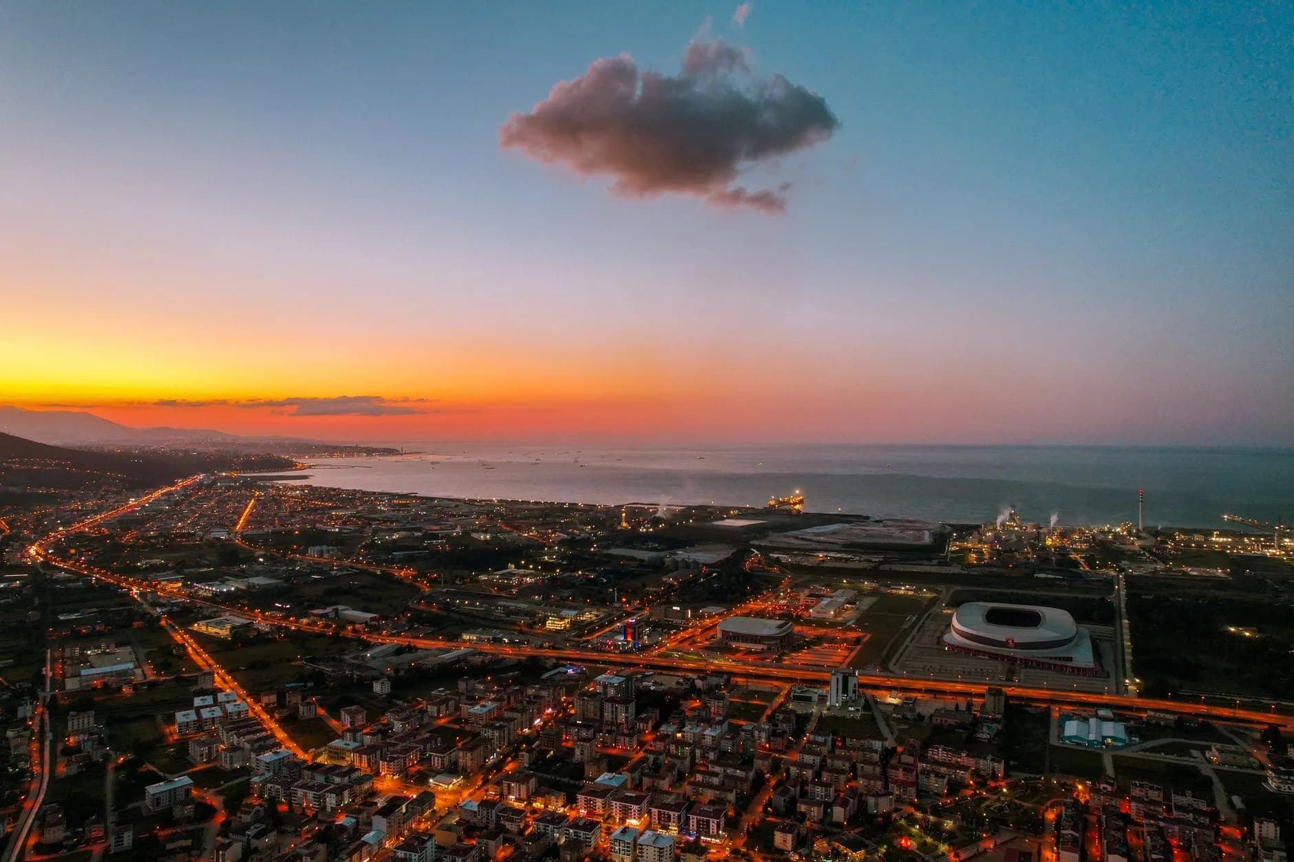 A coastline seen from the air at dusk