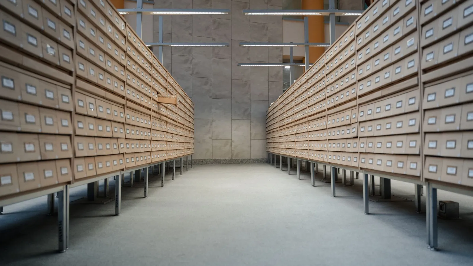 Spacious modern library archive with rows of wooden drawers for document storage.