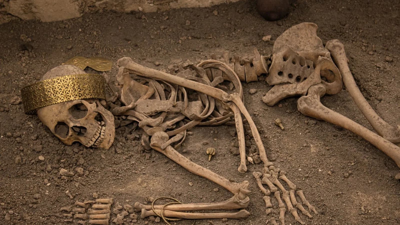 Unearthed skeleton with golden crown discovered in Çorum, Türkiye, showcasing rich ancient history.