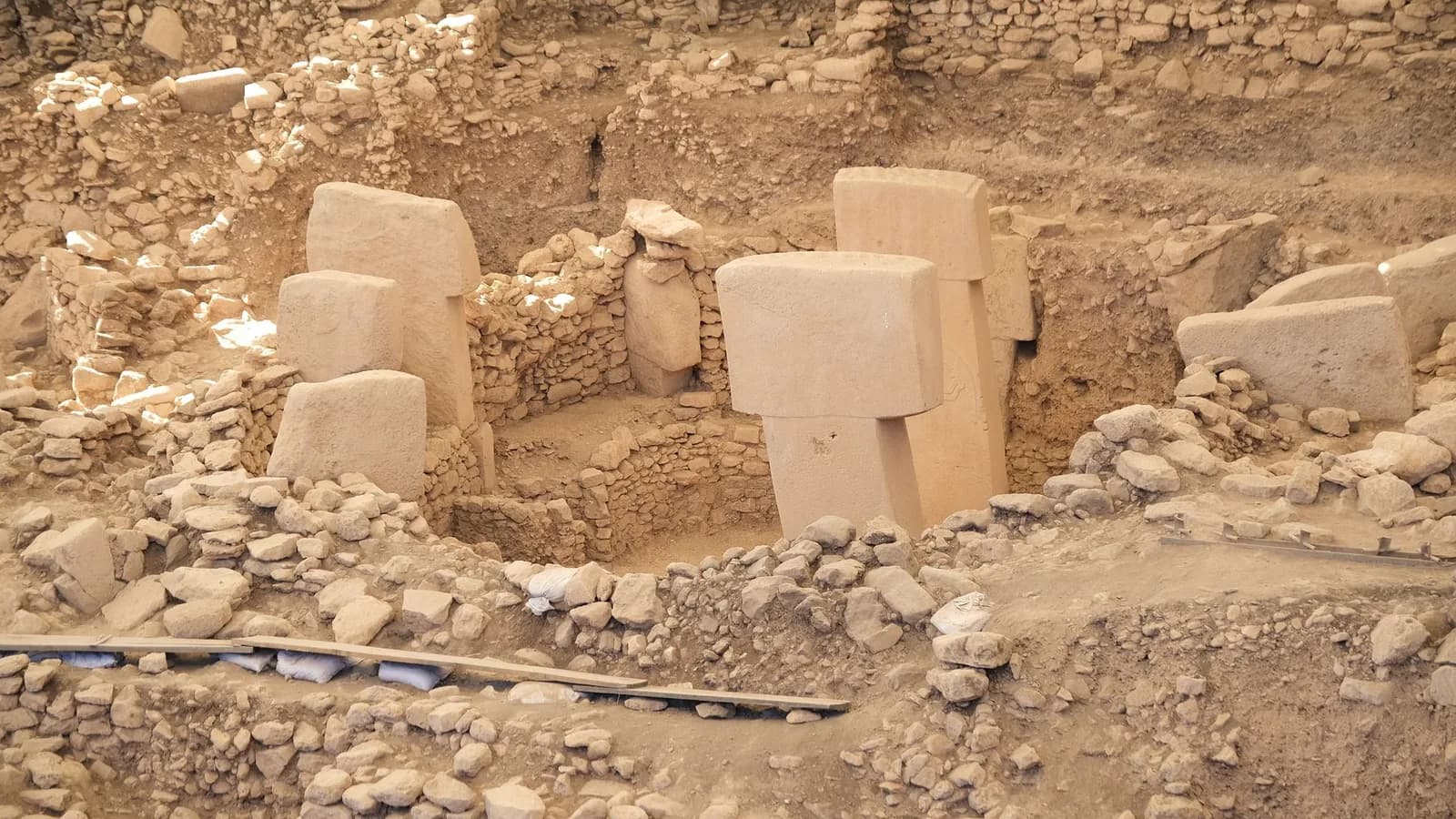 Carved stone pillars at an excavation
