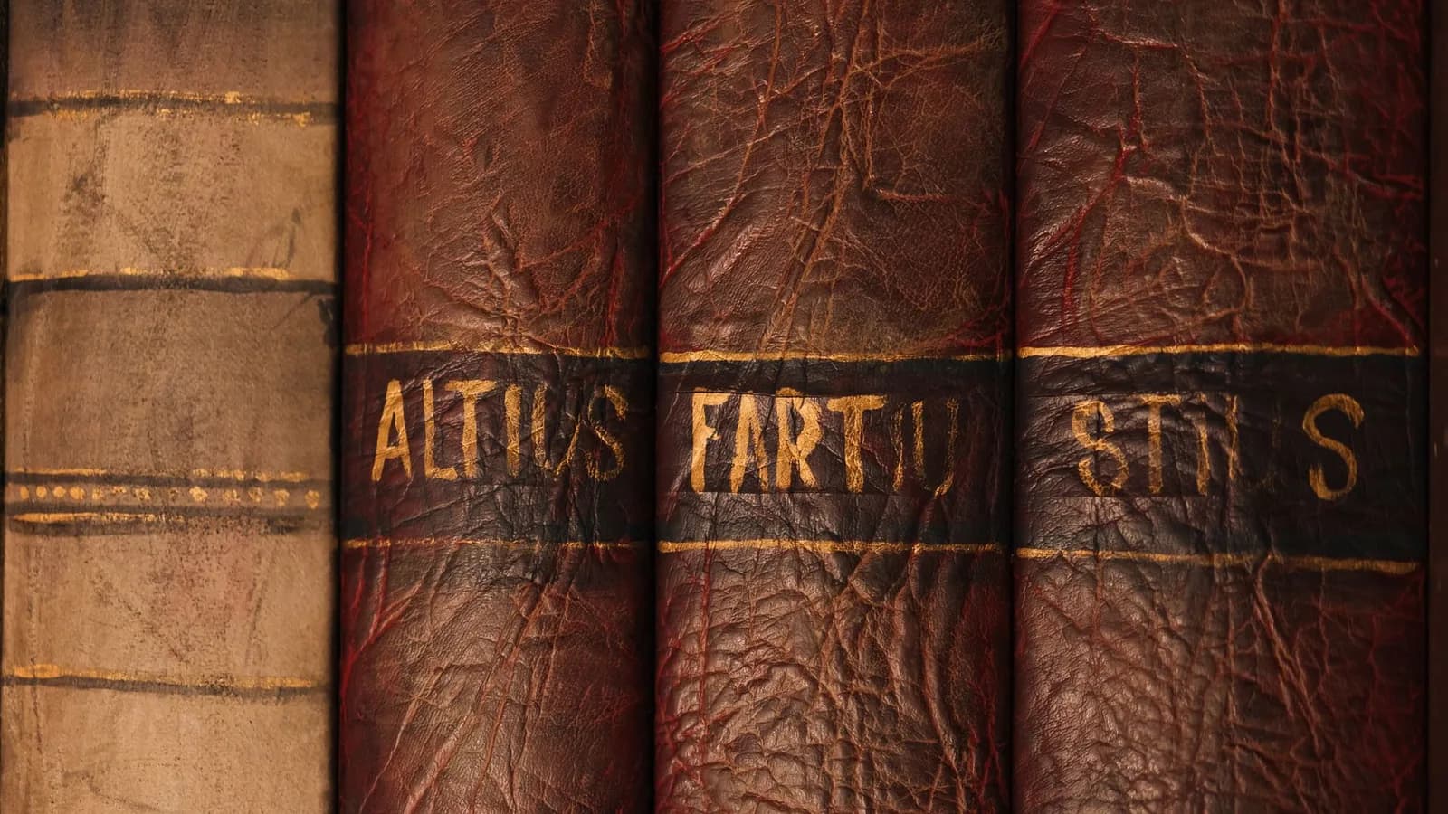 Leather-bound books in an old library
